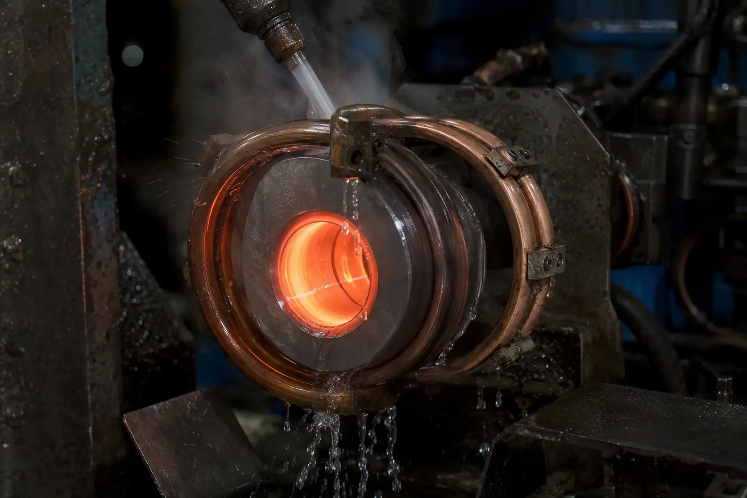Close-up of a single GCr15 cam lobe undergoing induction hardening — copper ring-type single-shot inductor surrounds the disc with the bore glowing orange-red, integrated quench spray visible, darkened factory environment