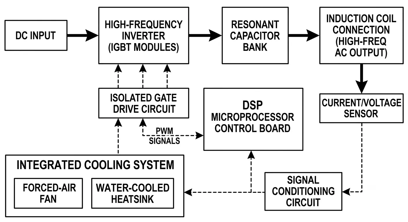 DSErprobte Vorteile von DSP-gesteuerten Induktionsheizungsnetzteilen für die moderne Fertigungnenlayout-Diagramm DSP-controlled induction heating power supply internal IGBT modules and digital control board layout diagram