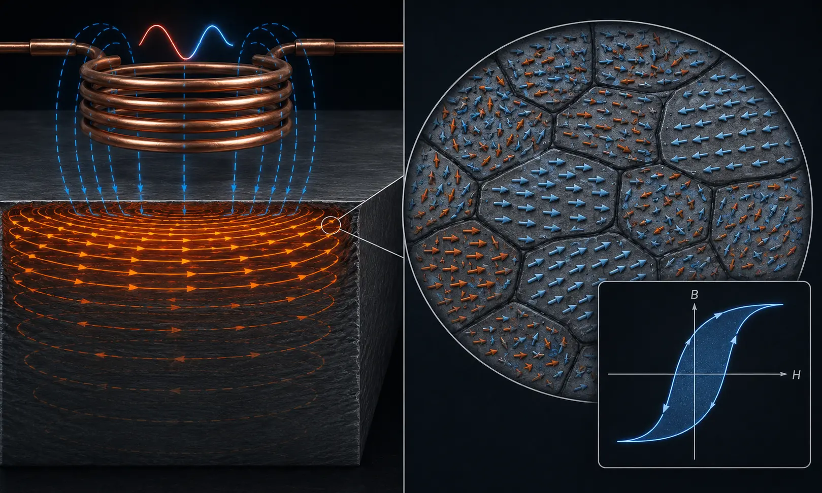 Eddy Currents vs Hysteresis in Induction Heating: 5 Critical Differences That Determine Your Heating Result 3 Eddy currents vs hysteresis in induction heating — split diagram showing circulating eddy currents in a steel workpiece cross-section on the left and magnetic domain hysteresis with B-H loop on the right