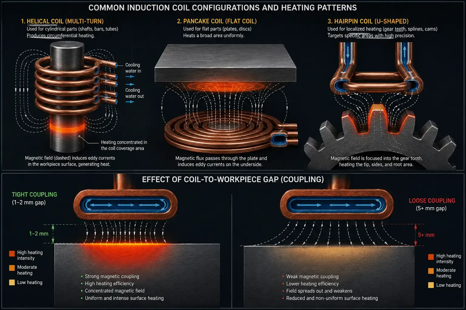 How Induction Coils Work: Mastering 5 Critical Design Factors for Precision Heating Control 3 How induction coils work — combined diagram showing three coil types (helical, pancake, hairpin) heating workpieces with magnetic field lines, plus coupling distance comparison between tight 1-2 mm and loose 5+ mm gap with heating intensity contrast