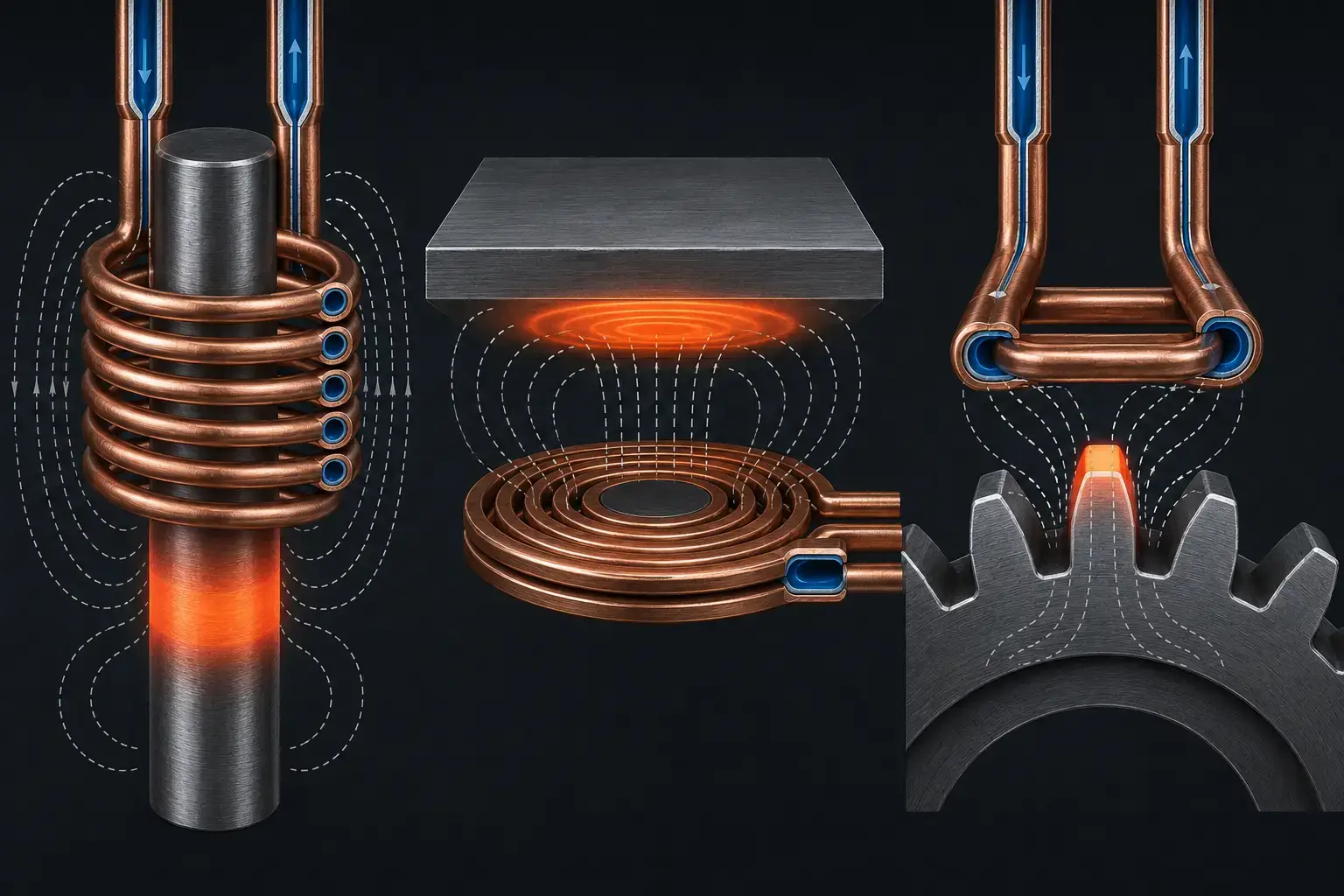 How Induction Coils Work: Mastering 5 Critical Design Factors for Precision Heating Control 4 How induction coils work depends on coupling distance — cross-section comparison showing tight coupling at 1-2 mm gap vs loose coupling at 5+ mm gap with magnetic field density and heating intensity contrast