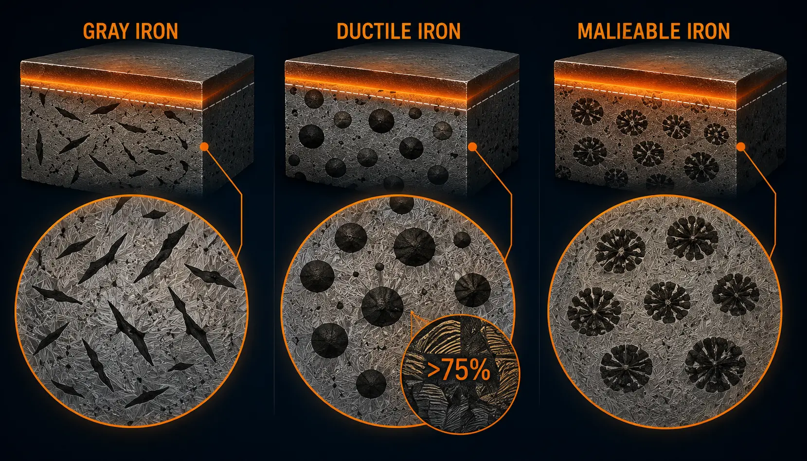 Induction hardening cast iron — three-panel microstructure comparison of gray iron flake graphite, ductile iron nodular graphite, and malleable iron temper carbon rosettes after induction hardening