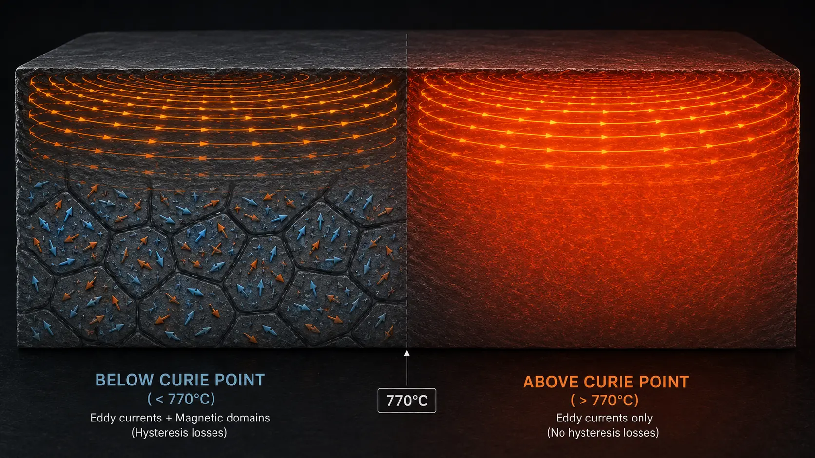 Eddy Currents vs Hysteresis in Induction Heating: 5 Critical Differences That Determine Your Heating Result 4 Eddy currents vs hysteresis — Curie point transition diagram showing steel below 770°C with both mechanisms active and above 770°C with only eddy currents remaining after magnetic domains disappear