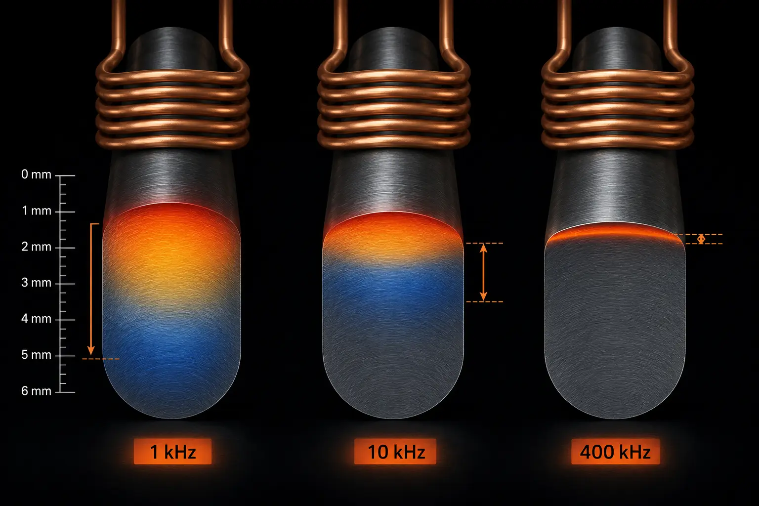 Side-by-side comparison of three steel shaft cross-sections showing different induction heating frequency effects — low frequency deep penetration, medium frequency moderate depth, high frequency shallow surface-only heating with scale markers