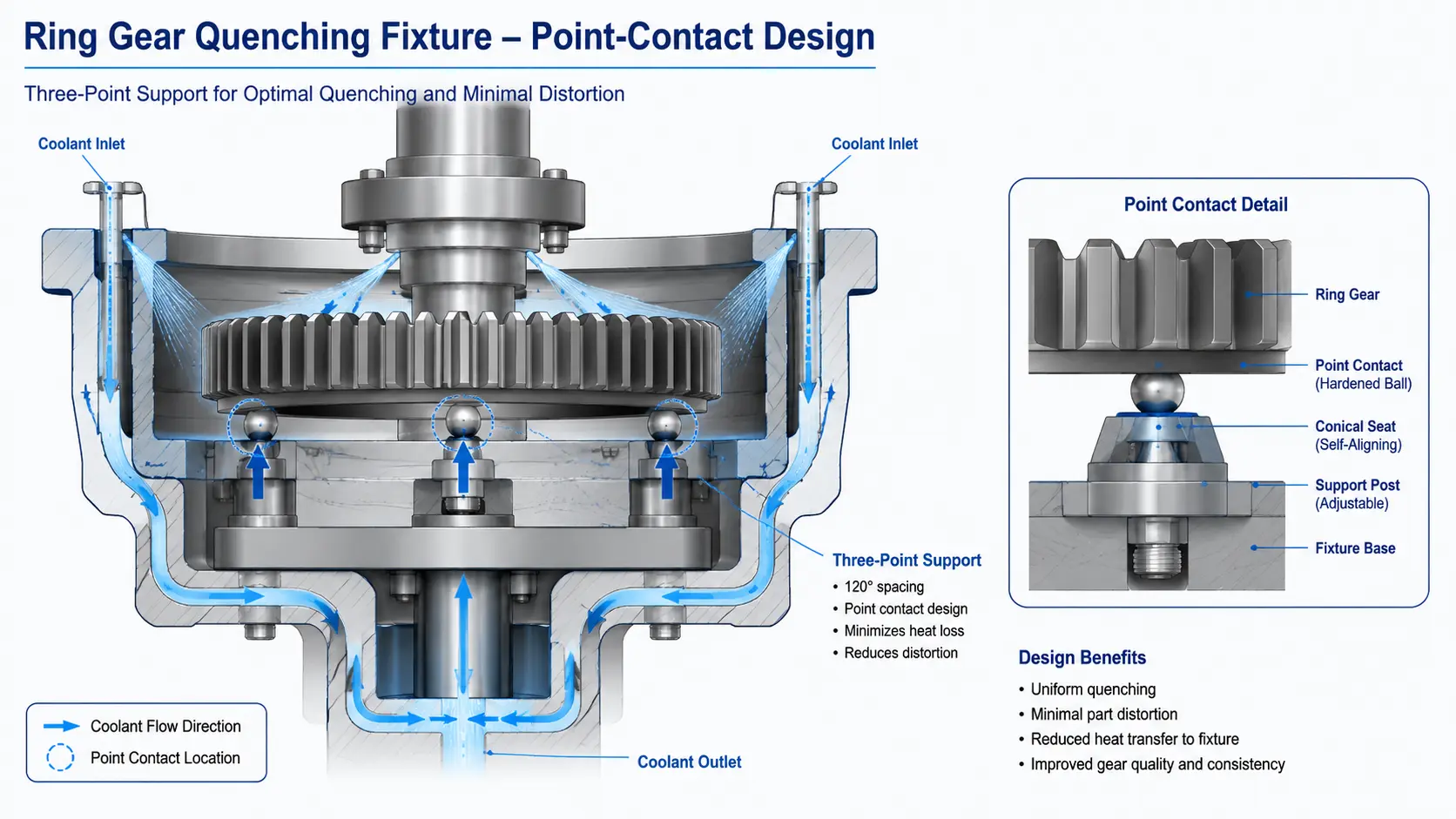 Solving 2 Critical Gear Induction Hardening Defects: Non-Martensitic Structure & Distortion 4 Gear induction hardening — point-contact quenching fixture design for ring gear distortion control