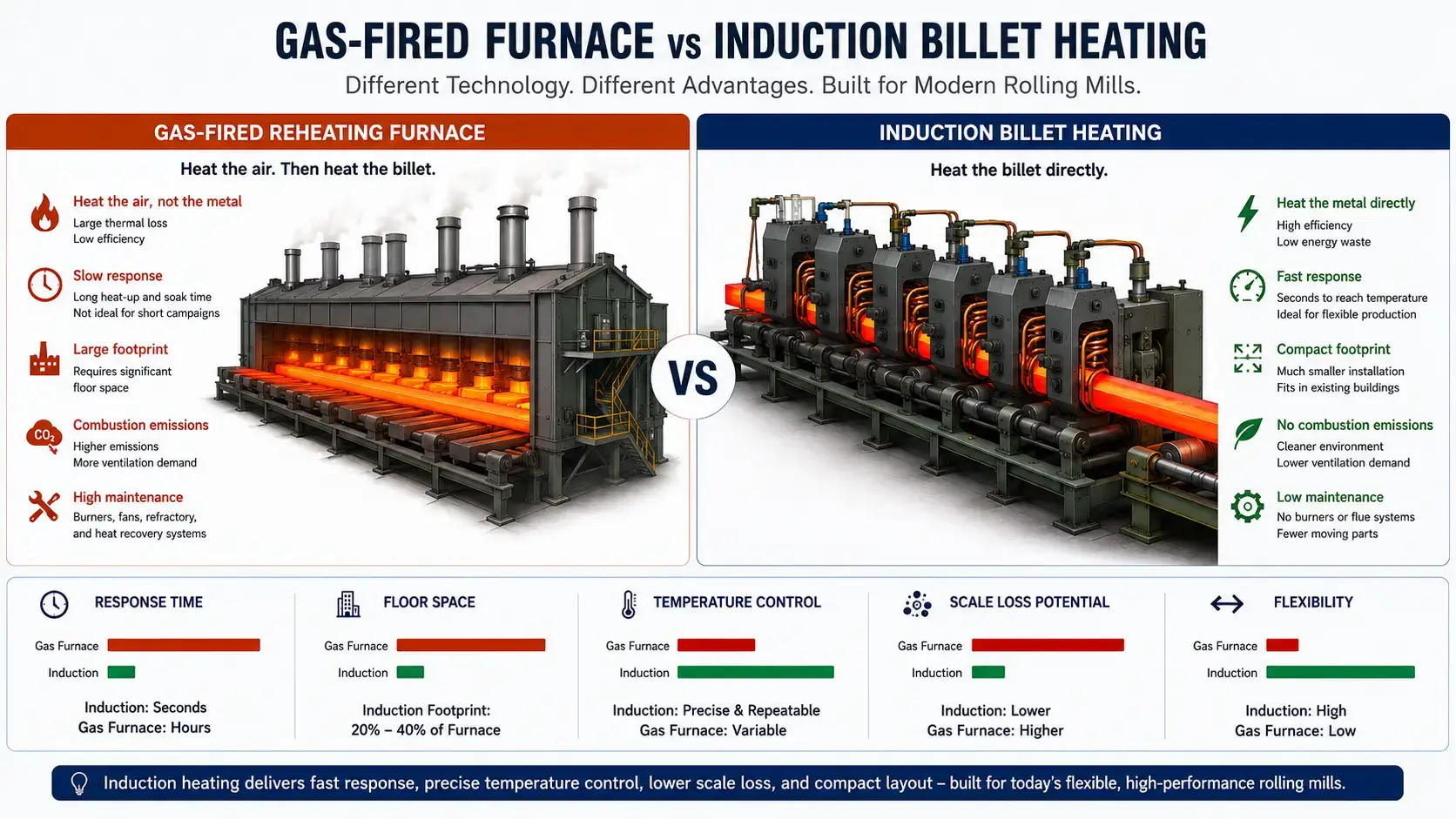 Induction Billet Heating compared with gas furnace for hot rolling mills