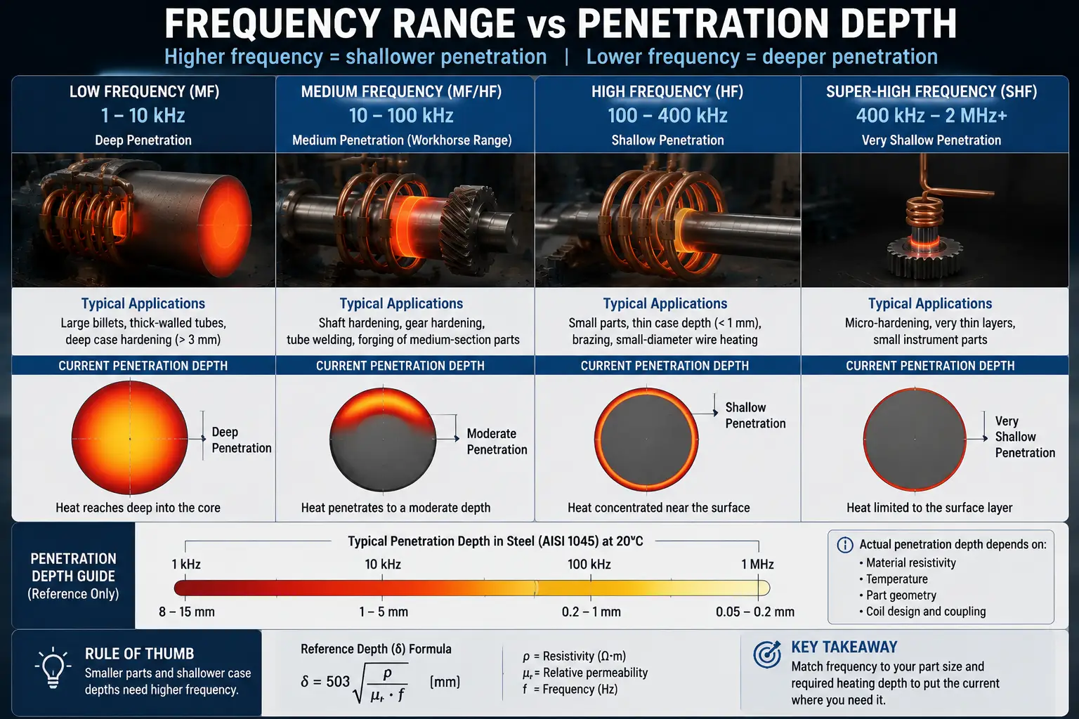 Frequency range vs current penetration depth chart for induction heating generator selection