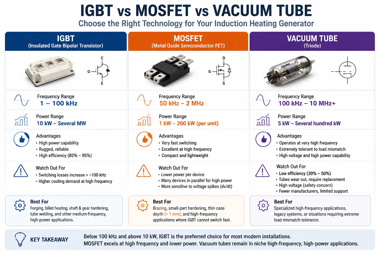 IGBT vs MOSFET vs Vacuum Tube switching technology comparison for induction heating generators
