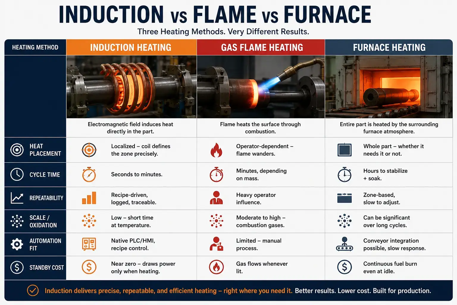 التسخين التعريفي في صناعة السكك الحديدية: التطبيقات, التحكم في العملية, واختيار المعدات 3 Induction Heating Railway Manufacturing — induction vs flame vs furnace comparison for railway heating applications