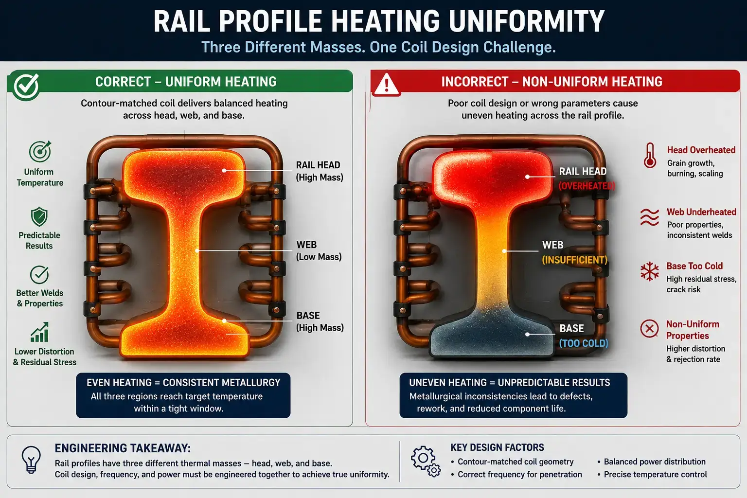 التسخين التعريفي في صناعة السكك الحديدية: التطبيقات, التحكم في العملية, واختيار المعدات 5الويب Induction Heating Railway Manufacturing — rail profile cross-section showing induction heating uniformity across head, web, and base