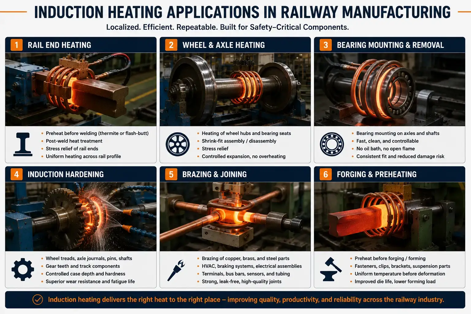 التسخين التعريفي في صناعة السكك الحديدية: التطبيقات, التحكم في العملية, واختيار المعدات 4 Induction Heating Railway Manufacturing — railway induction heating applications overview