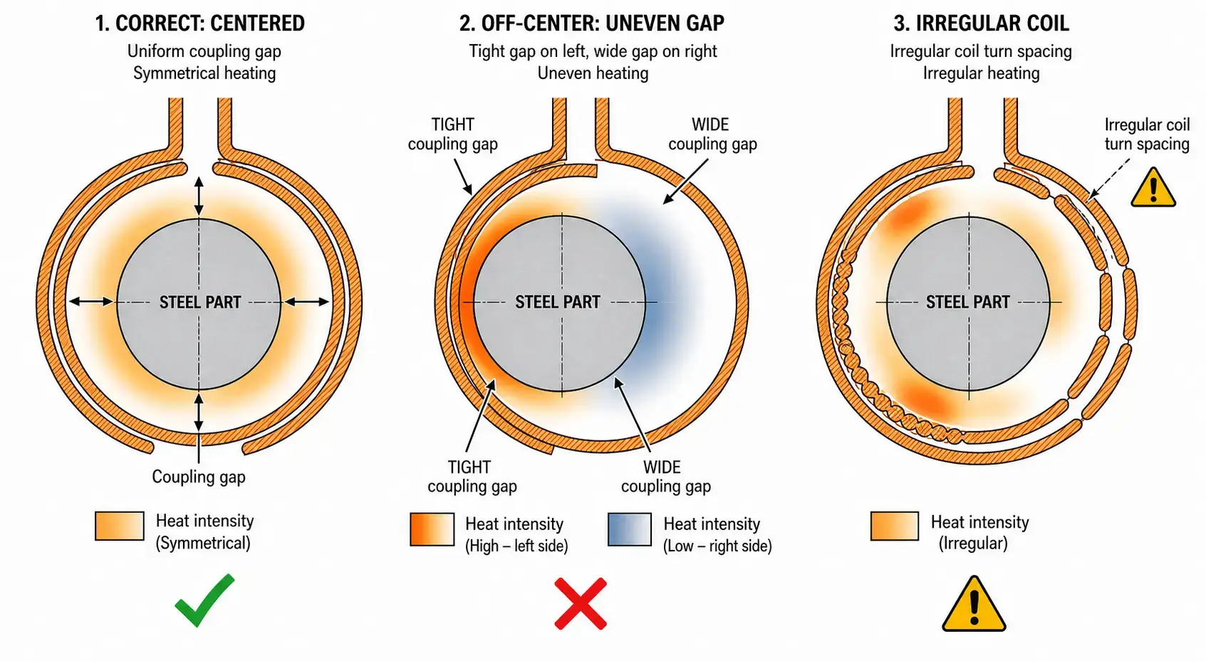induction coil misalignment diagram centered off-center damaged coil uneven heating