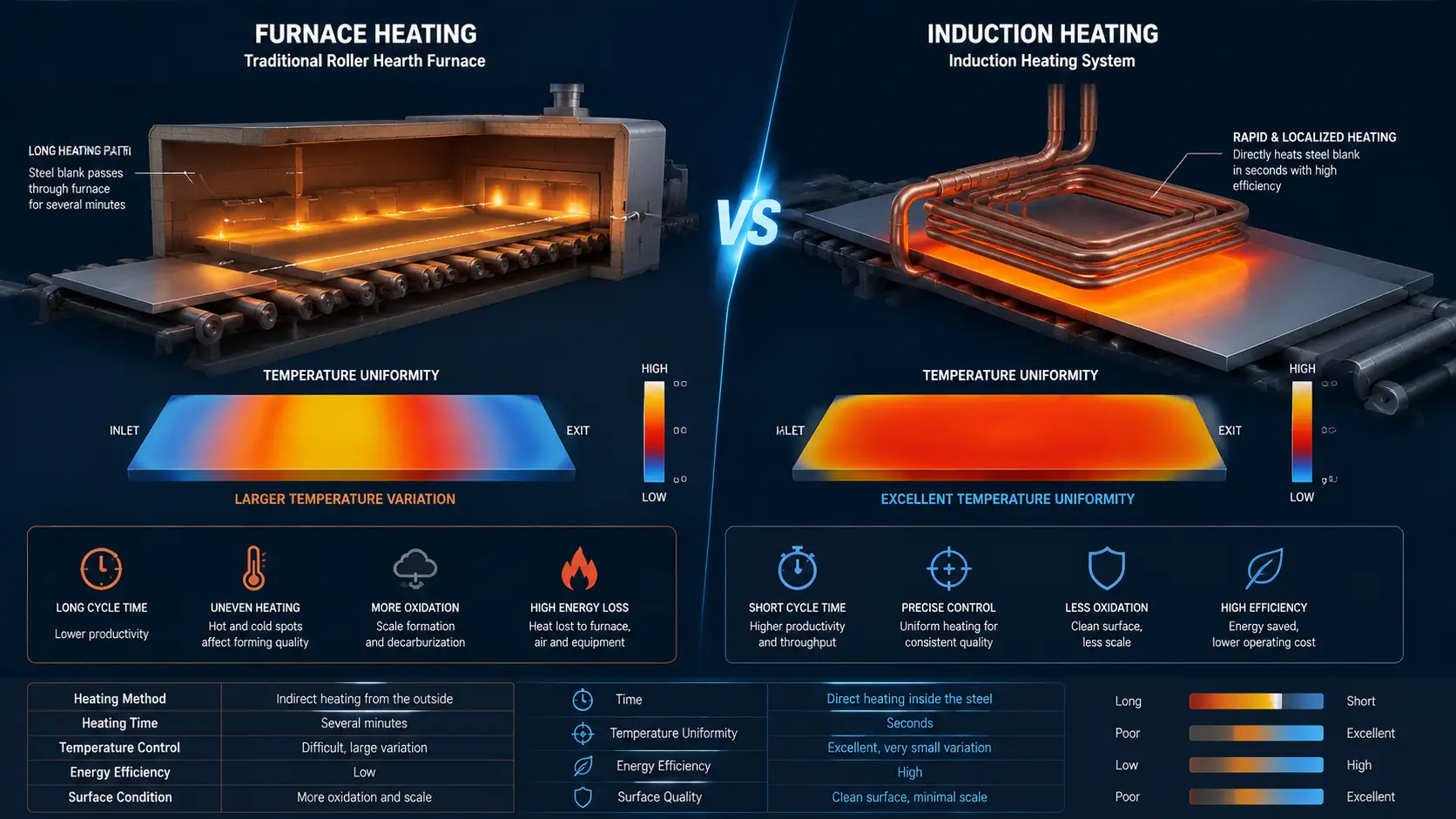 Furnace heating vs induction heating comparison for hot stamping