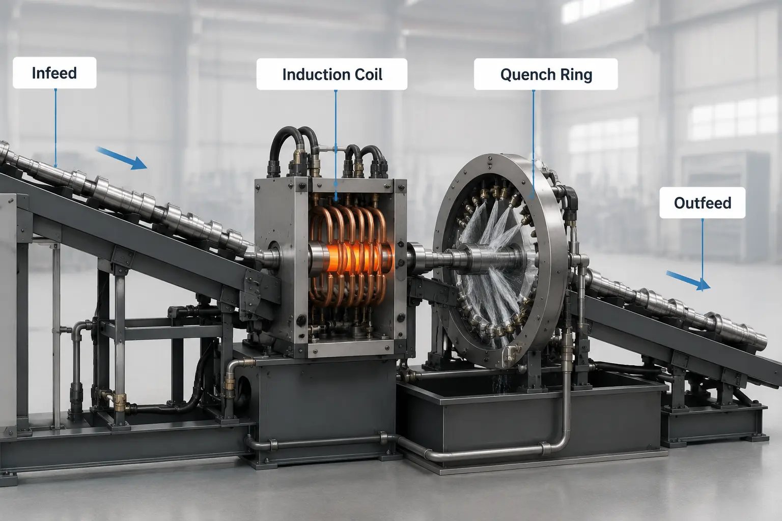 كيفية اختيار مصدر طاقة الحث لآلات التبريد بالقناة المائلة Quenching Machines 27 inclined channel quenching process flow