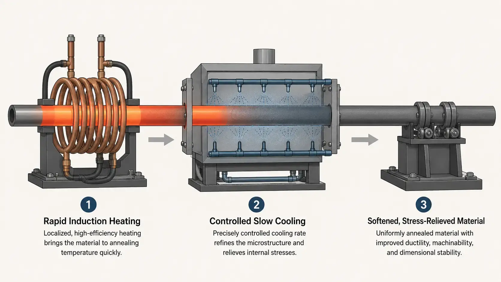 Inالعوامل الحاسمة لاختيار آلة التلدين التعريفيtrol Coolingal Induction annealing machine process flow — rapid heating, controlled cooling, softened material