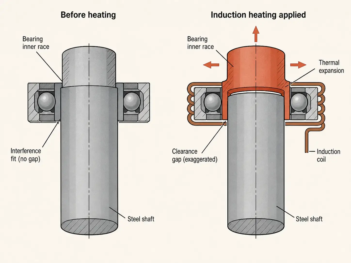 Induction bearing removal diagram showing the bearing race expanding faster than the shaft to open the interference fit