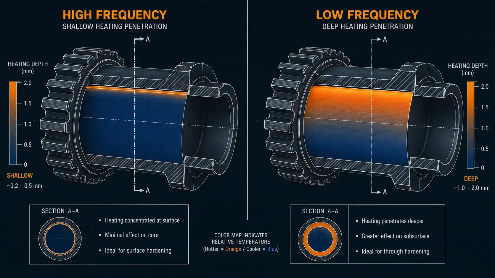 Induction Heating Aerospace Manufacturing — high frequency vs low frequency penetration depth cross-section comparison