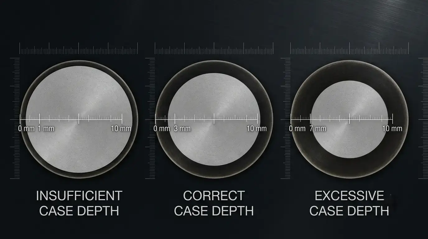æ„常见的感应淬火缺陷及其预防方法足®的 induction hardening defects case depth — cross-section comparison showing insufficient, correct, and excessive case depth