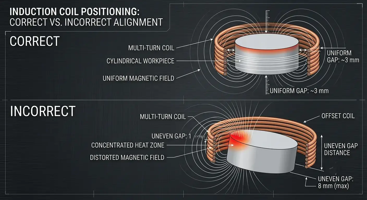 æ„常见的感应淬火缺陷及其预防方法与磁力线的对比 induction hardening defects coil alignment — correct vs incorrect positioning comparison with magnetic field lines