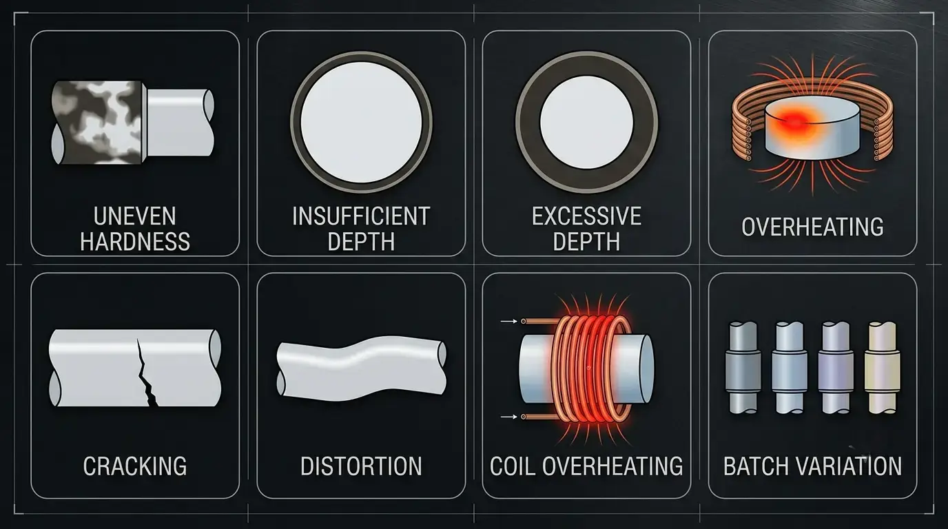 æ„常见的感应淬火缺陷及其预防方法¸见缺陷类型 induction hardening defects summary chart — 8 common defect types with visual indicators