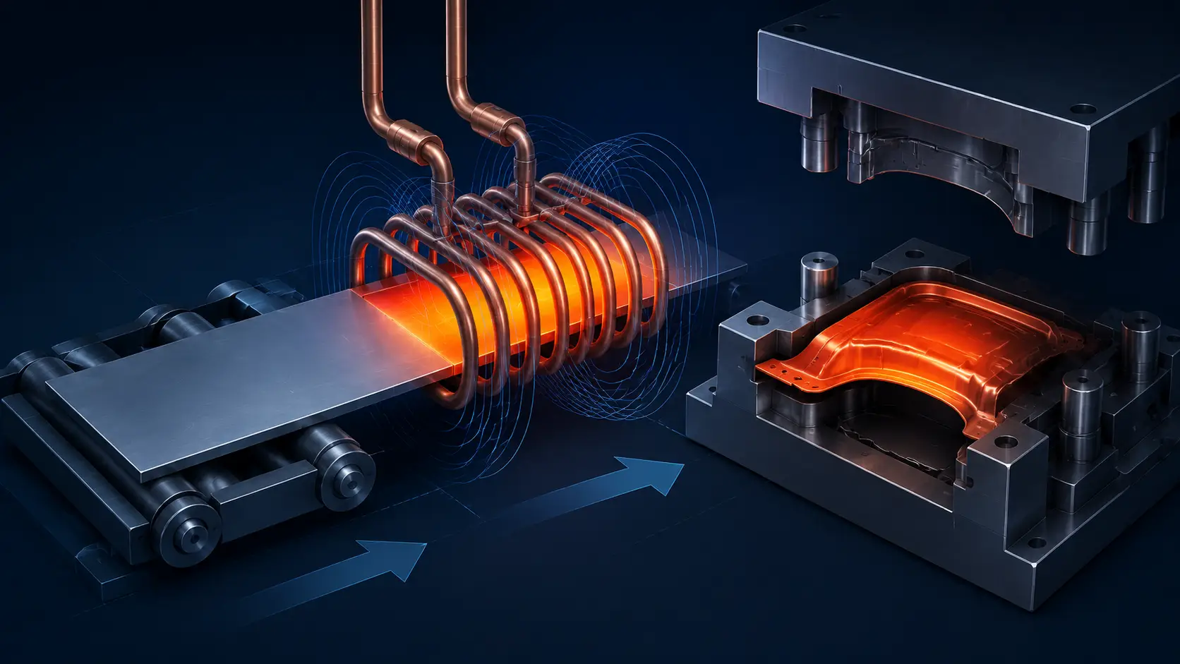 Induction heating hot stamping process flow diagram for automotive boron steel blanks