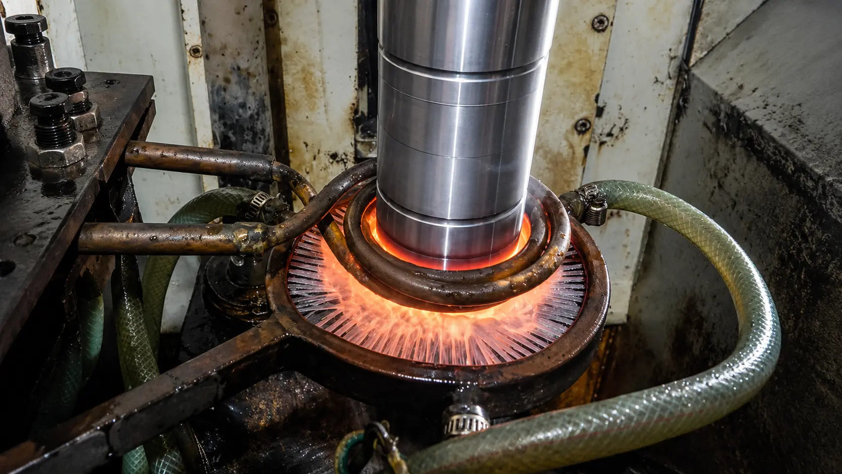 digital induction heating power supply working principle — diagram showing power supply induction coil electromagnetic field and workpiece heating with data visualization