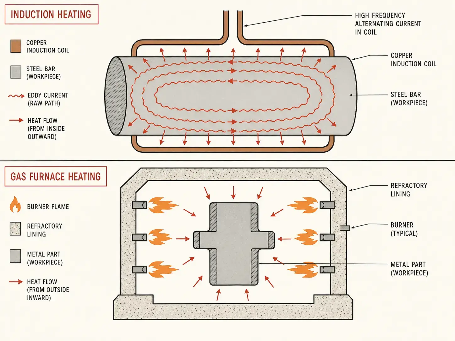 Induction Heating vs. Gas Furnace: 8 Factors to Choose the Right Heating System 4 induction internal heating vs gas furnace external heating mechanism cutaway comparison