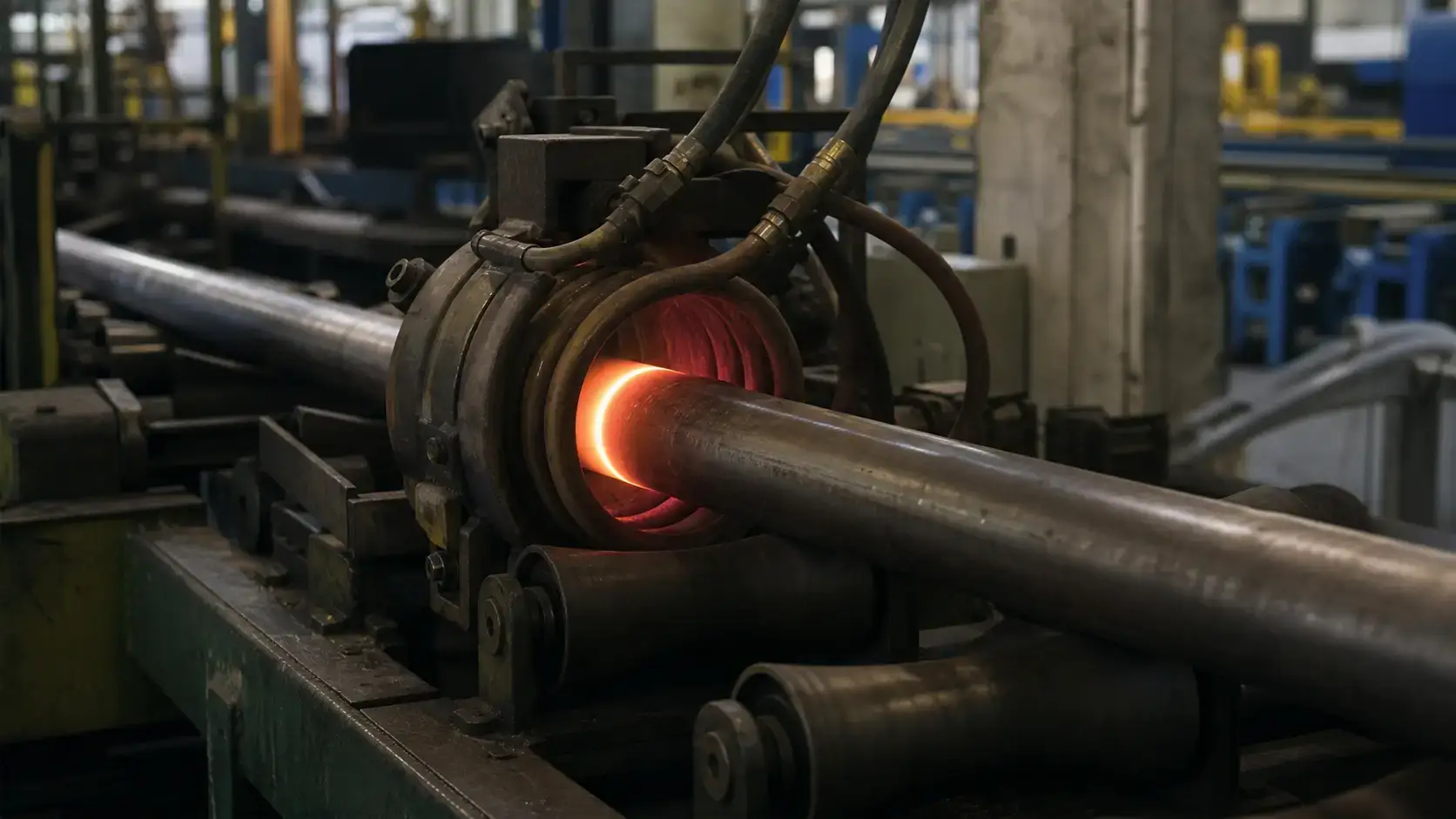 Normalizzazione tramite induzione vs ricotturaziQuando usare ciascunoebe quando l'induzione fa pendere la bilancia;acciaio per la normalizzazione in linea) 4 Induction normalizing production line: coil heating a steel pipe for inline normalizing