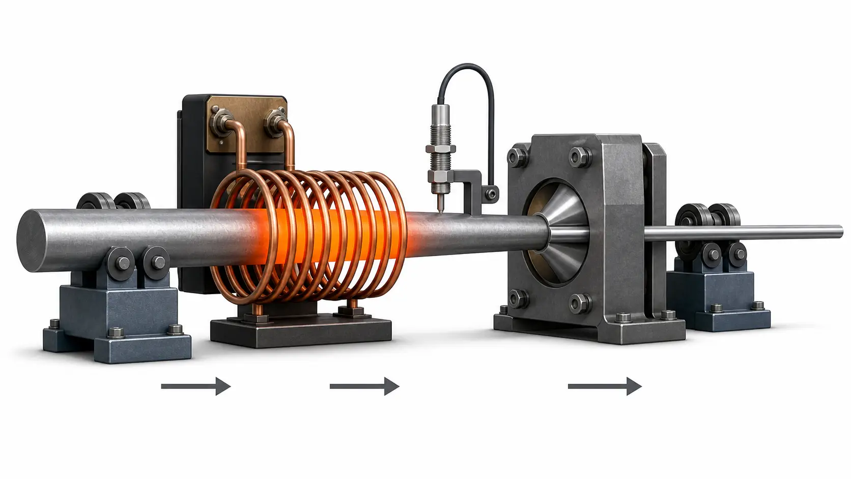 Induction heating for metal drawing process flow diagram showing coil position before drawing die