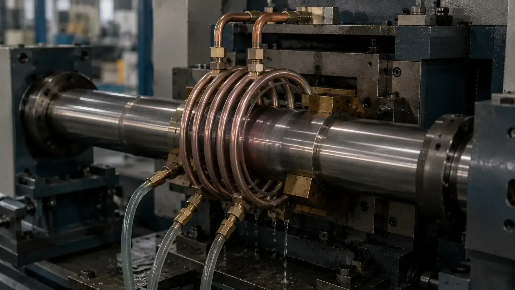 Induction tempering machine &mdash; steel shaft passing through copper coil on production line