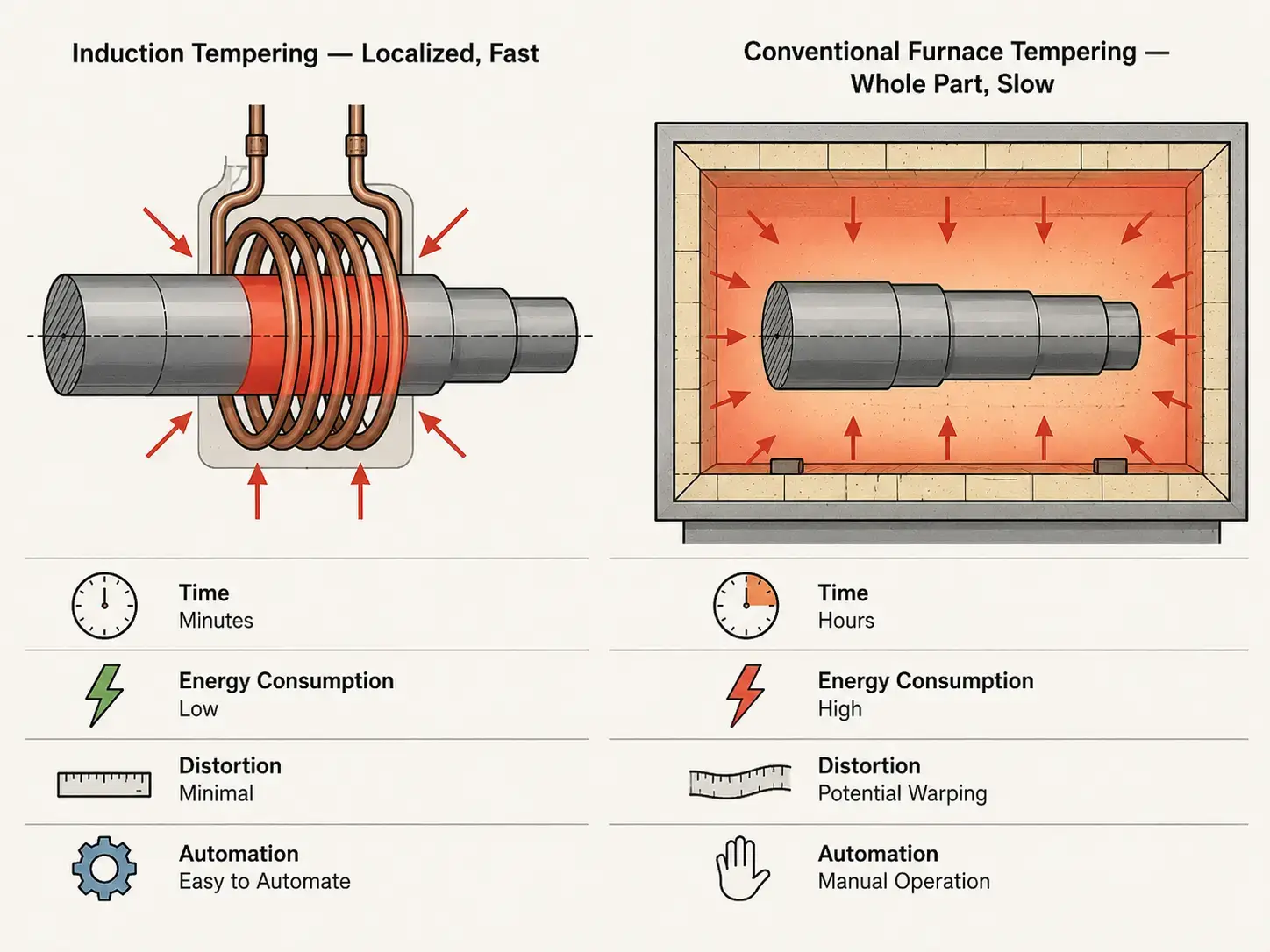 Induction tempering vs conventional furnace tempering &mdash; localized fast heating compared to whole-part slow heating