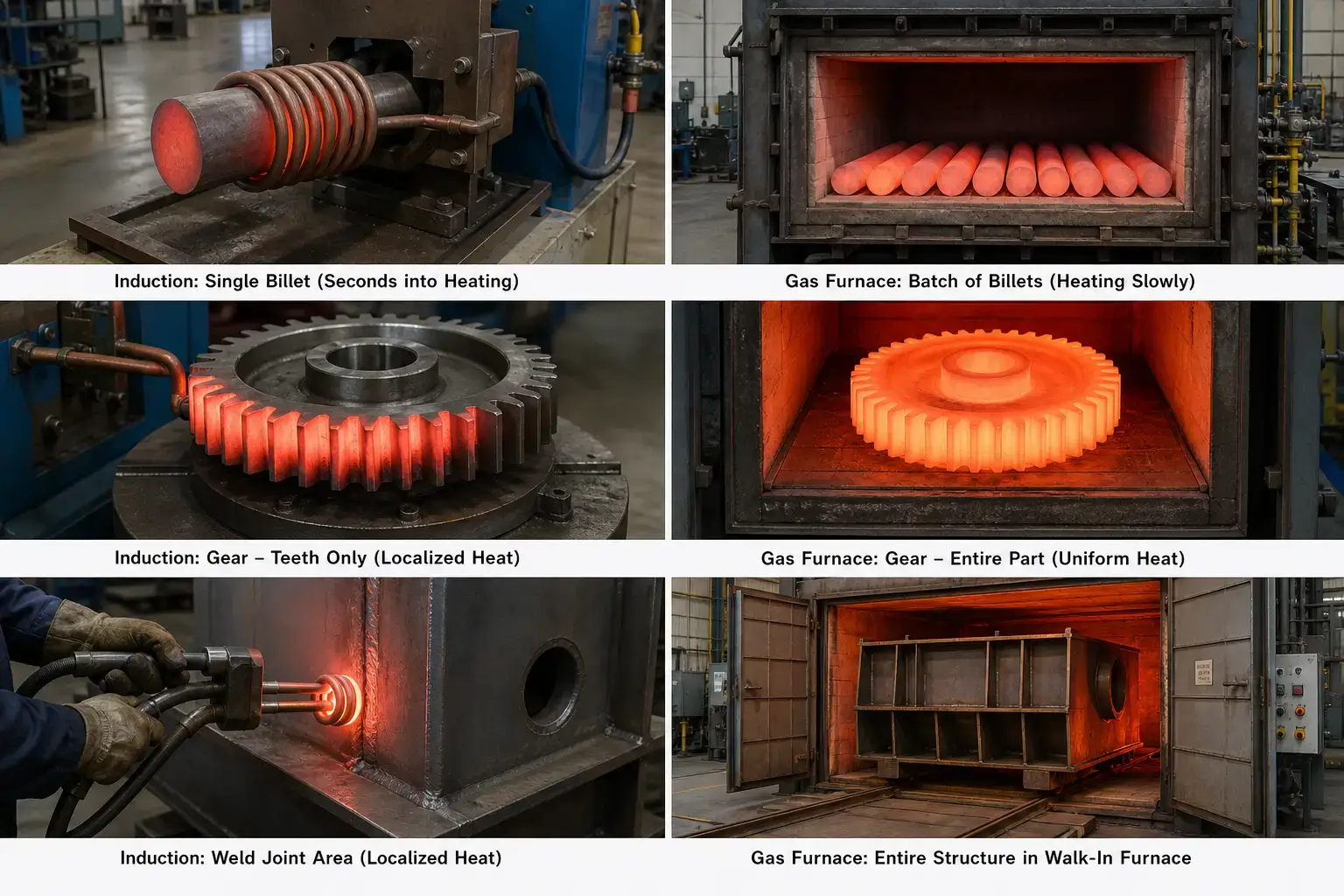 Induction Heating vs. Gas Furnace: 8 Factors to Choose the Right Heating System 5 induction heating vs gas furnace comparison across billet heating, gear hardening, and weldment stress relieving applications