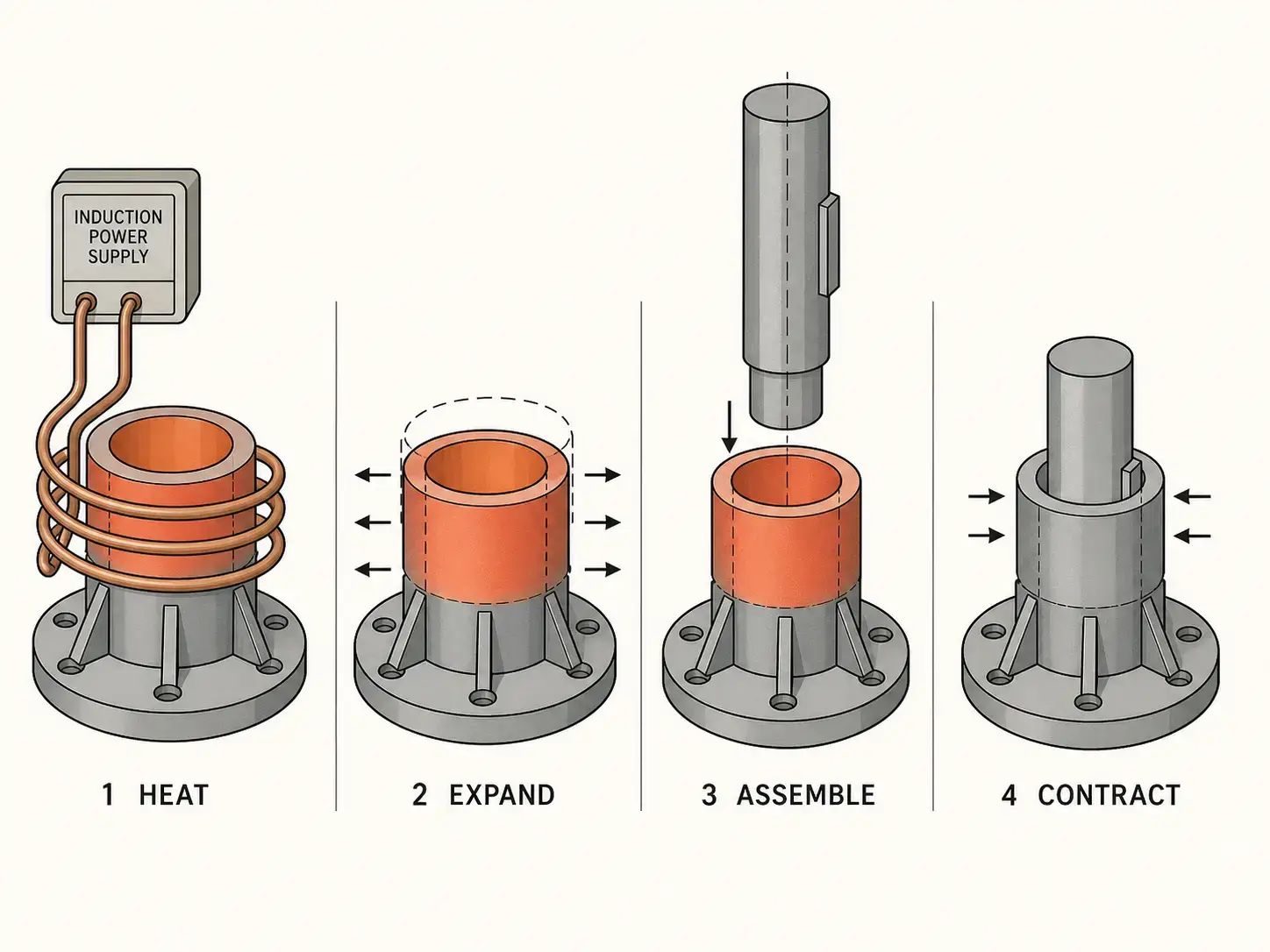 Prima di acquistare una macchina per montaggio a caldo a induzionea reDecisioni importantizionehiriscaldamento6 espandereonassemblareatcontrarre Induction shrink fitting machine process steps: heat, expand, assemble, contract