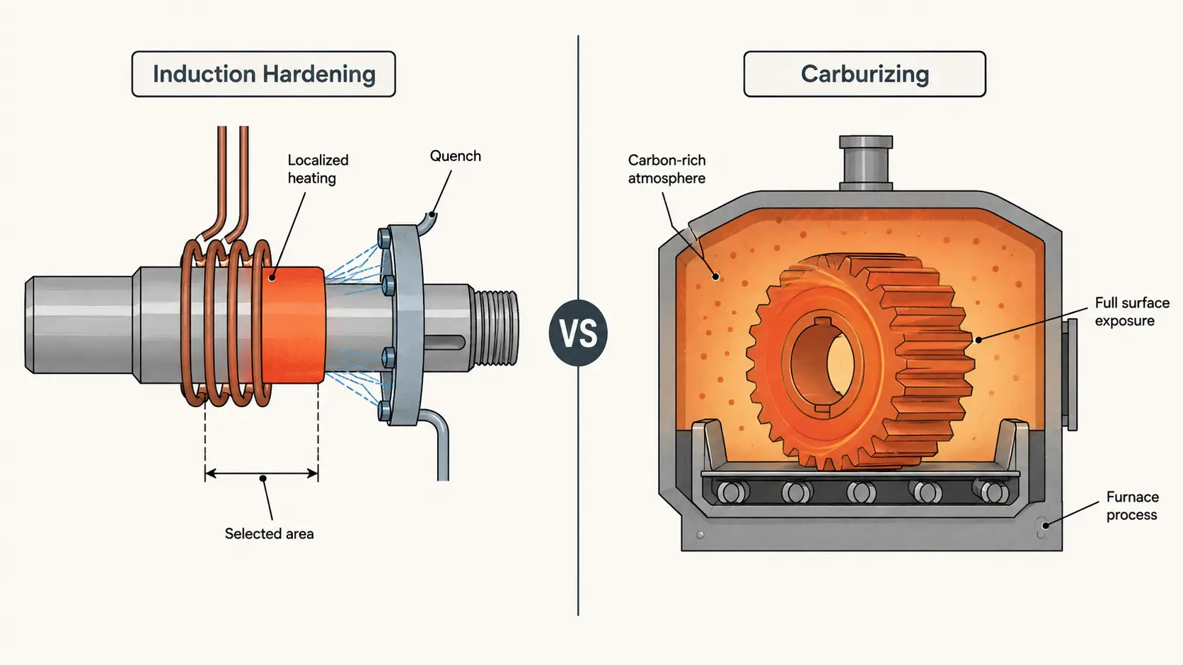 Induction hardening vs. carburizing process comparison