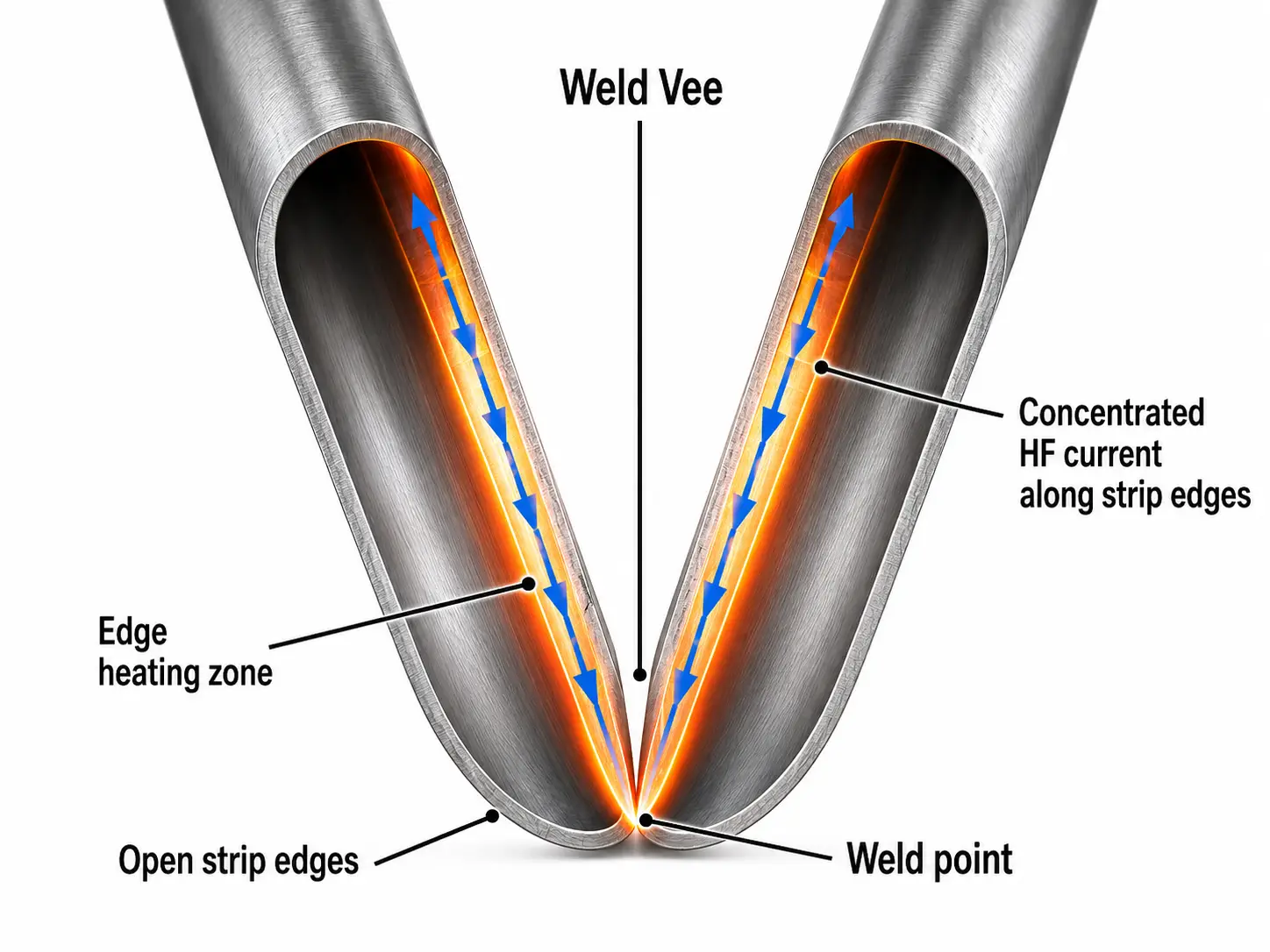 HF induction welding current path — weld Vee and edge current concentration