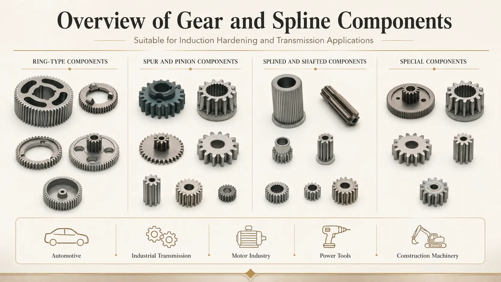 Gear types suitable for induction hardening — spur gears, spline gears, ring gears, and pinions