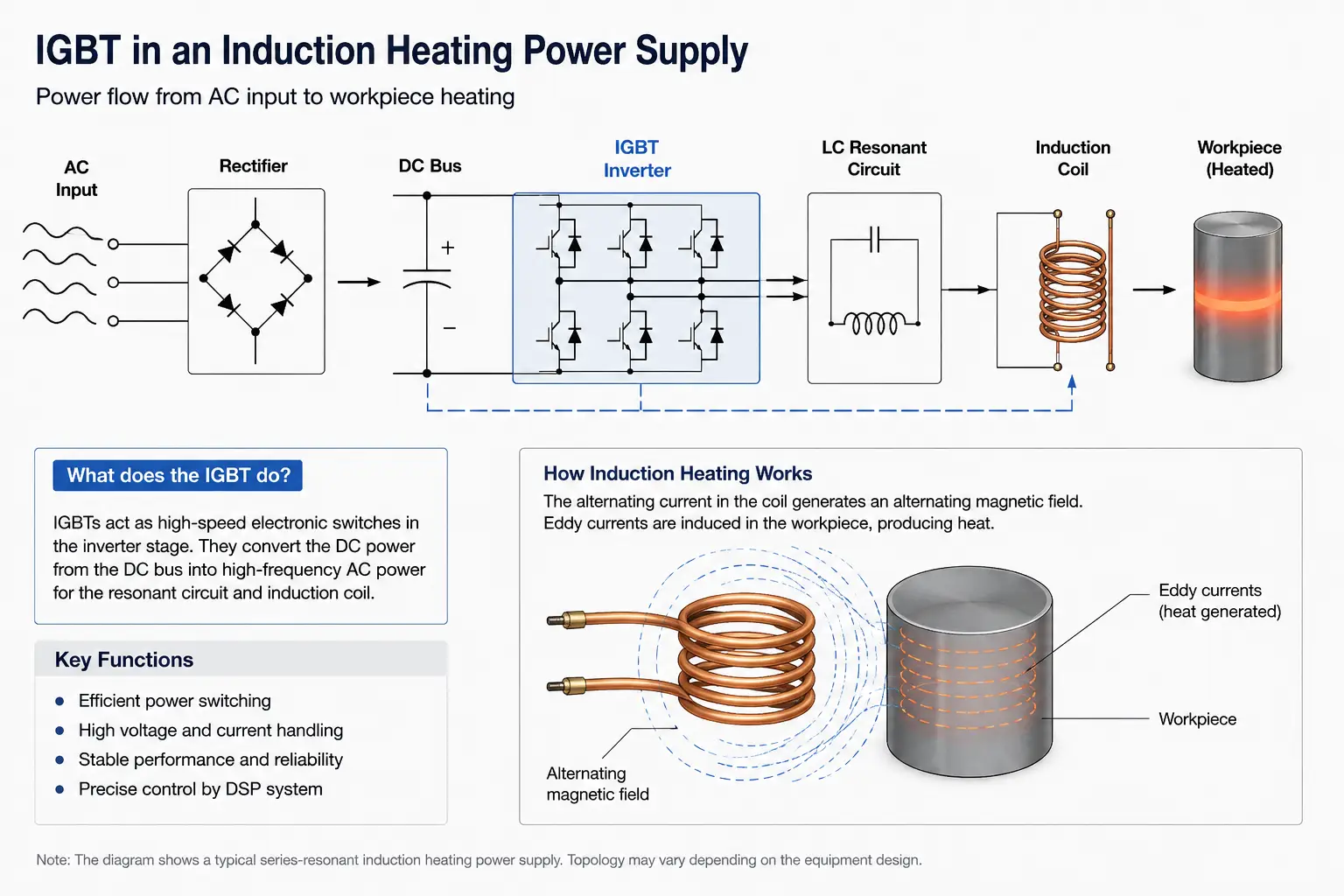IGBT in InduktionsheizungsnetzteileniaWie es funktioniert und warum es verwendet wirds Used 3 IGBT induction heating power flow diagram
