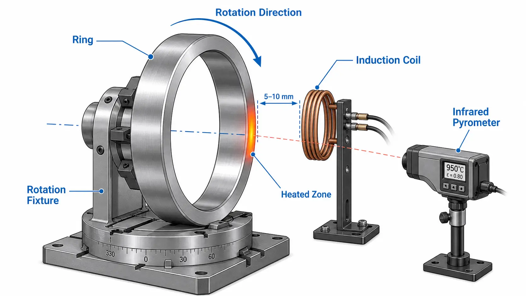 Gia nhiệt cảm ứng cho vòng lớnnhHướng dẫn quy trình cho sản xuất nặngnging 4 ring rotation and temperature measurement setup for induction heating