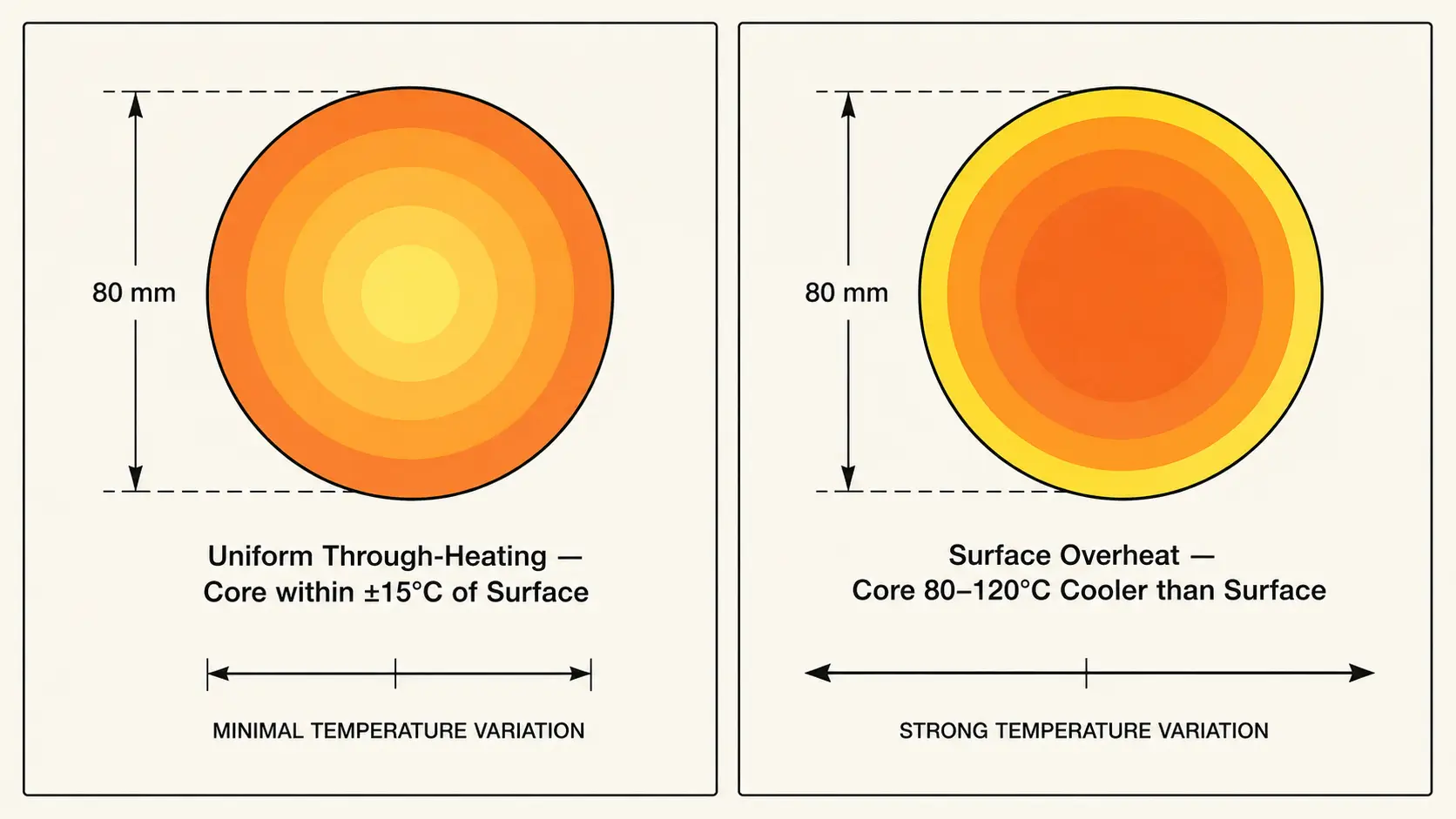 Induktionshärten für WarmwalzenßProzessdesign und Geräteauswahlleichmäßiges Durchheizen vs. Oberflächenüberhitzung Induction Hot Rolling temperature uniformity comparison — uniform through-heating vs surface overheat