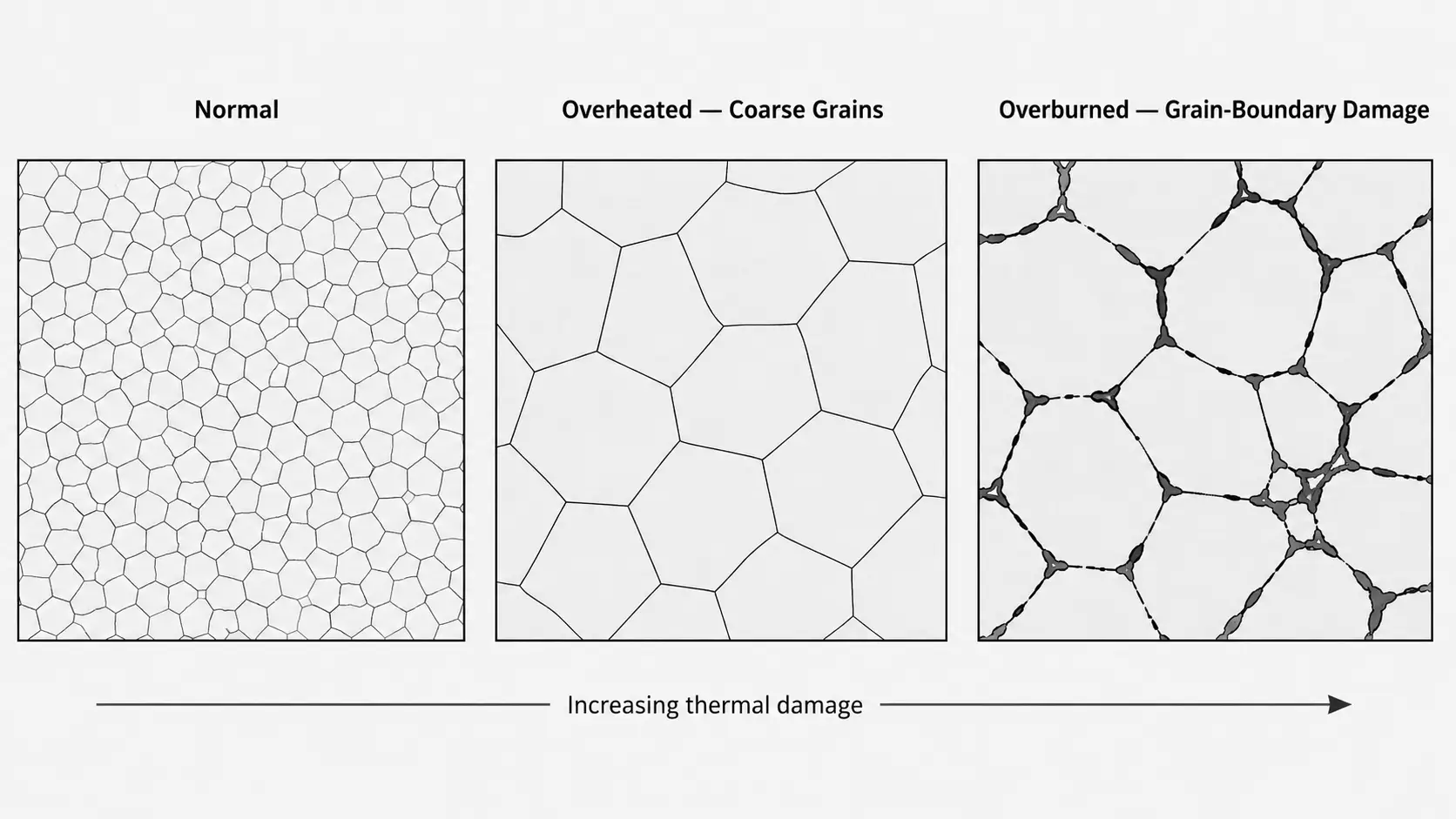 过热与§ç热处理中的过烧和过烧 Overheating vs overburning grain structure: normal, overheated and overburned