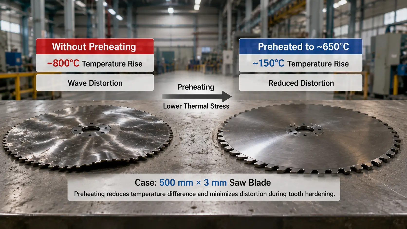 Induction hardening distortion case on a 500 mm × 3 mm saw blade