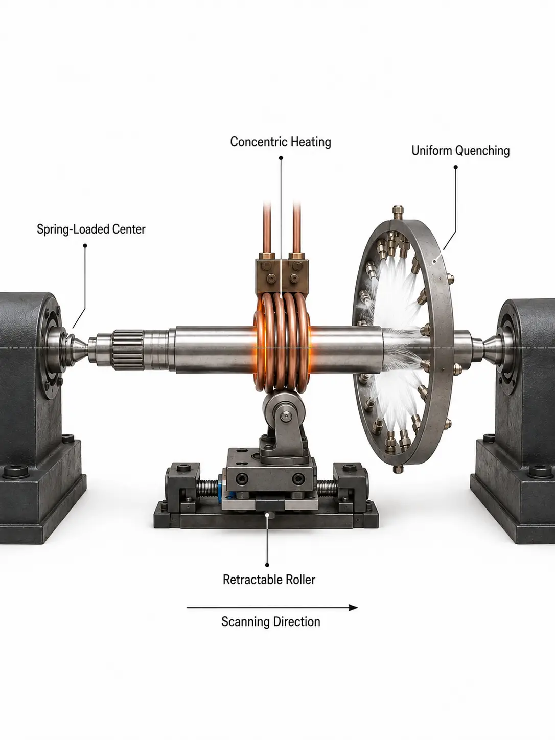 Induction hardening distortion control on a scanning-hardened shaft
