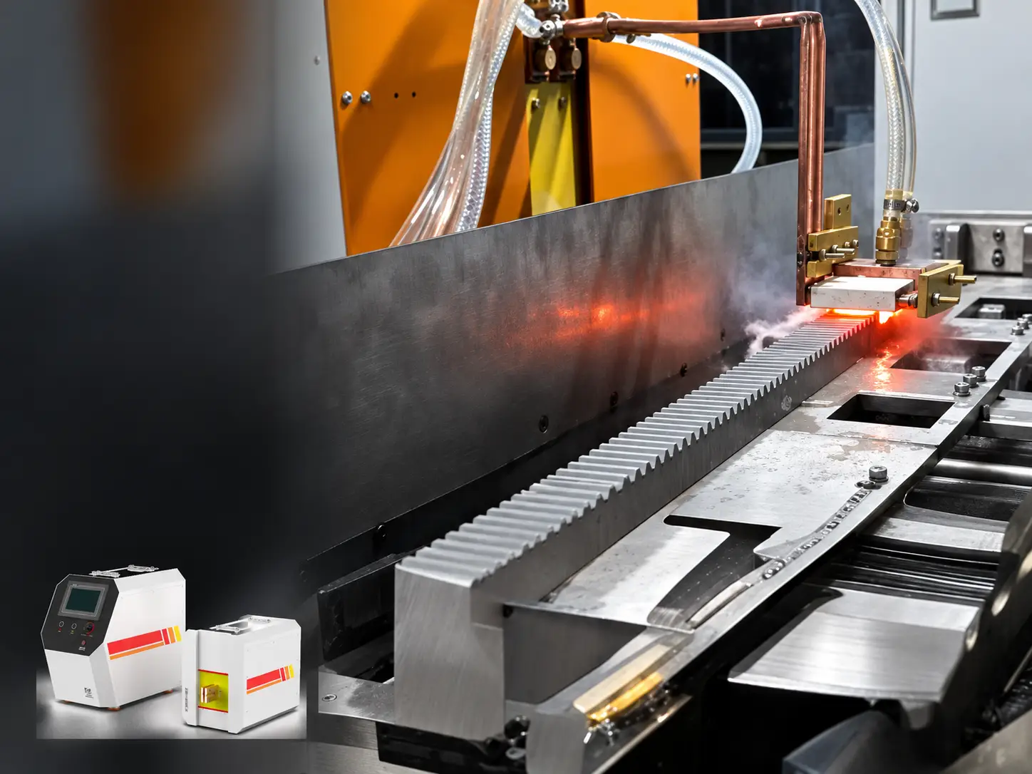 Maszyna do hartowania indukcyjnego zębatek do obrabiarekine TooAutomatyka przemysłowautomation 3 gear rack induction hardening machine hero