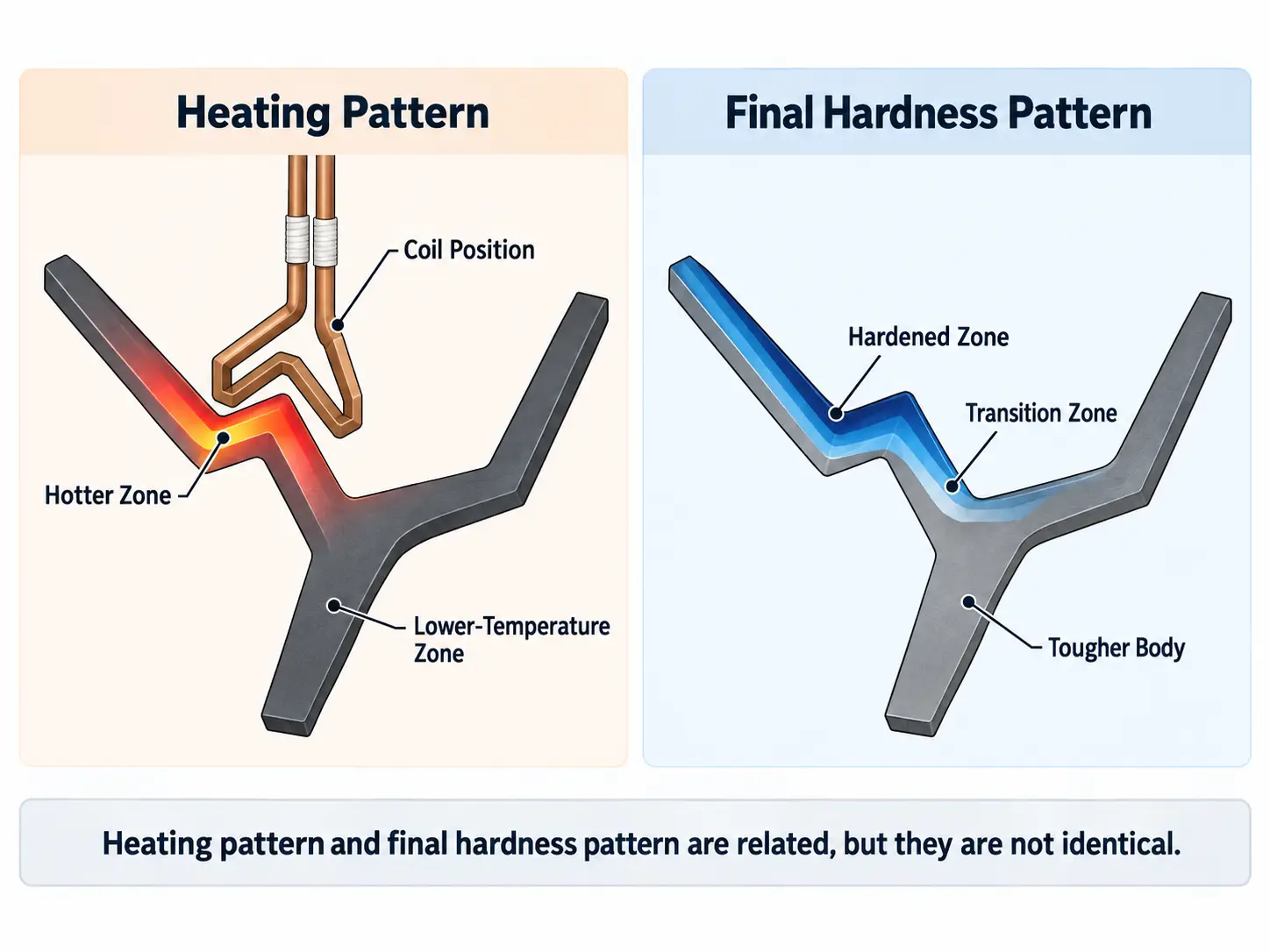Complex blade induction hardening heating pattern versus hardness pattern