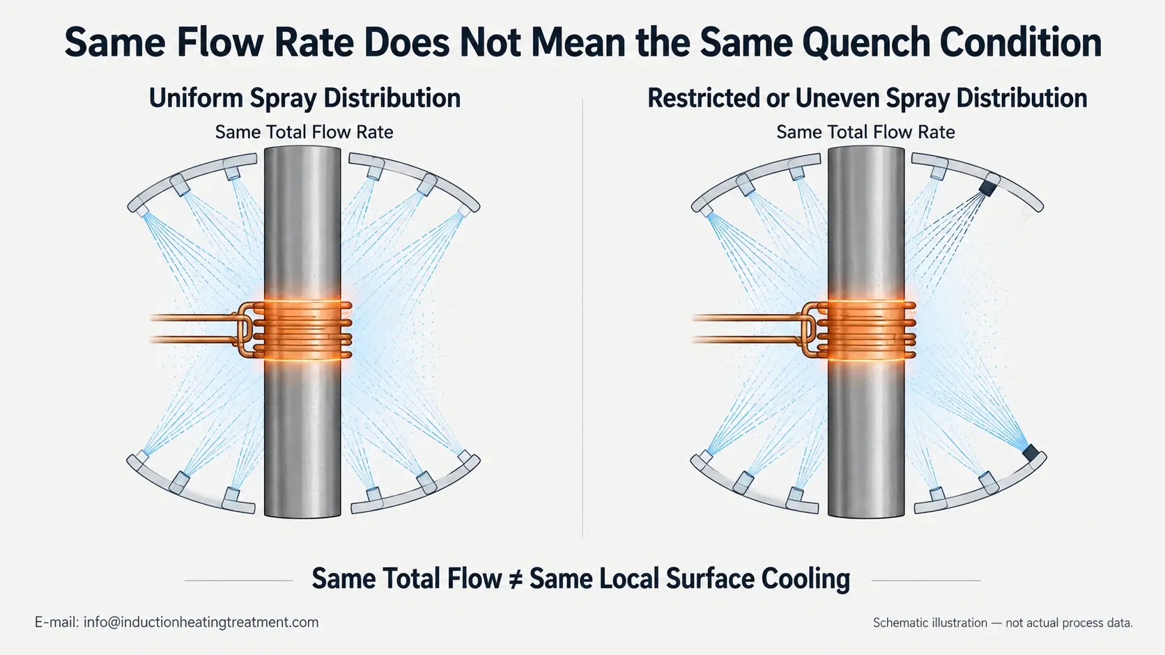 Quench Control in Induction Hardening: Flow, Temperature, Polymer Concentration and Delay 3 Quench control: same total flow, different spray distribution