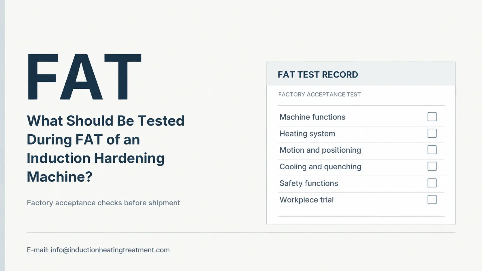 ما الذي يجب اختباره أثناء اختبار FAT لآلة تصلب الحثdening Machine? 3 FAT Induction Hardening Test Checklist