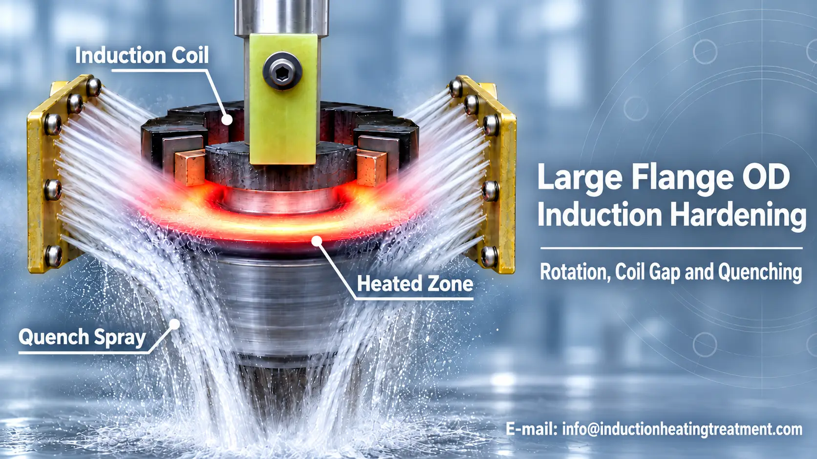 تصلب الحث OD شفة كبيرة: الدوران, فجوة الملف والتبريد 10 large flange od induction hardening
