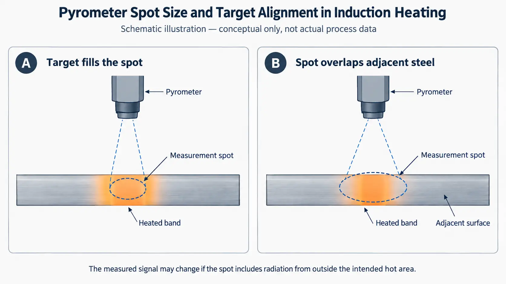Por qué los pirómetros infrarrojos dan lecturas de temperatura inexactas en el calentamiento por inducciónel calentamiento por inducciónting 3 Pyrometer measurement spot size and target alignment during induction heating