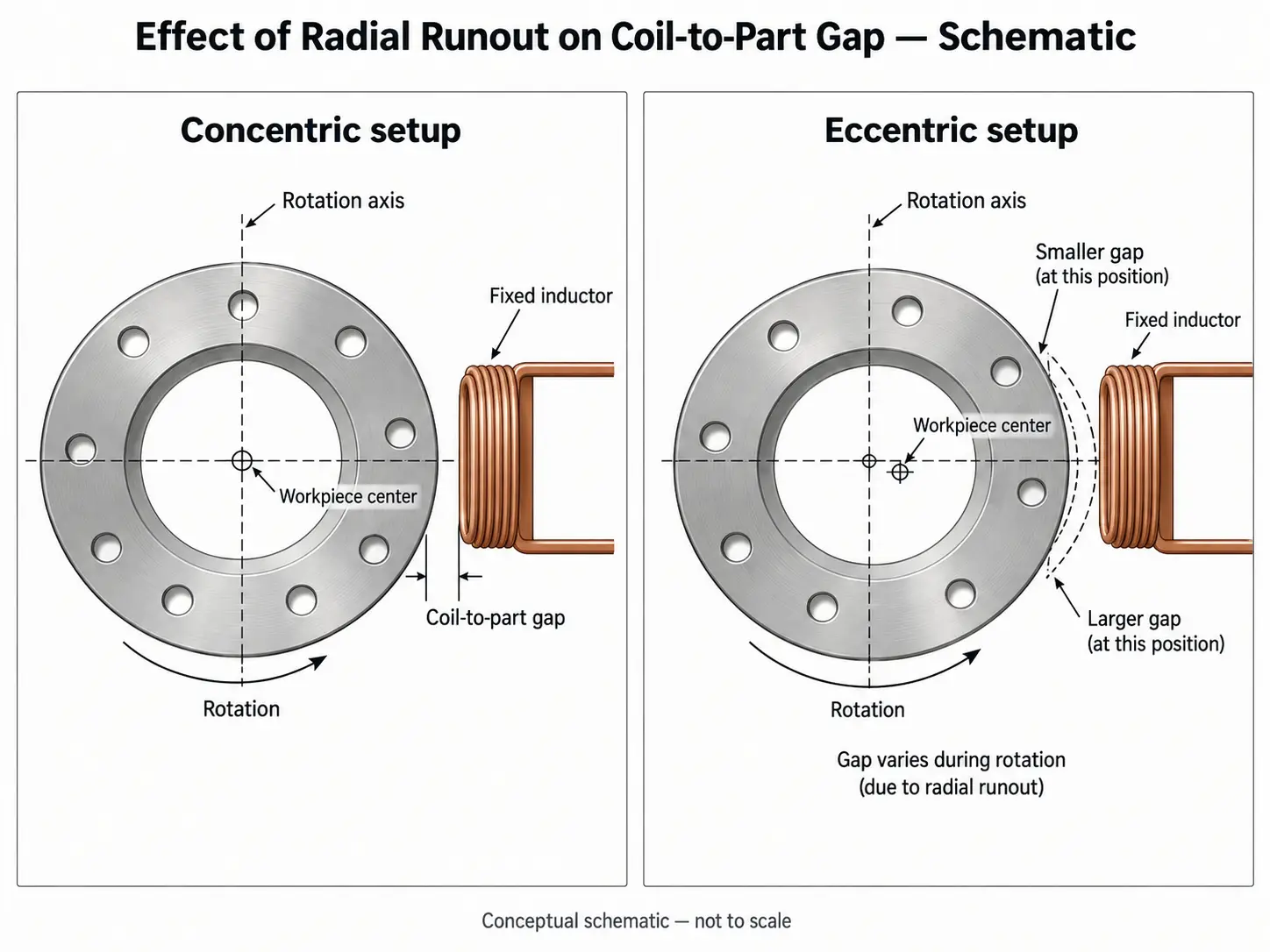 Large flange OD induction hardening — radial runout and coil-to-part gap