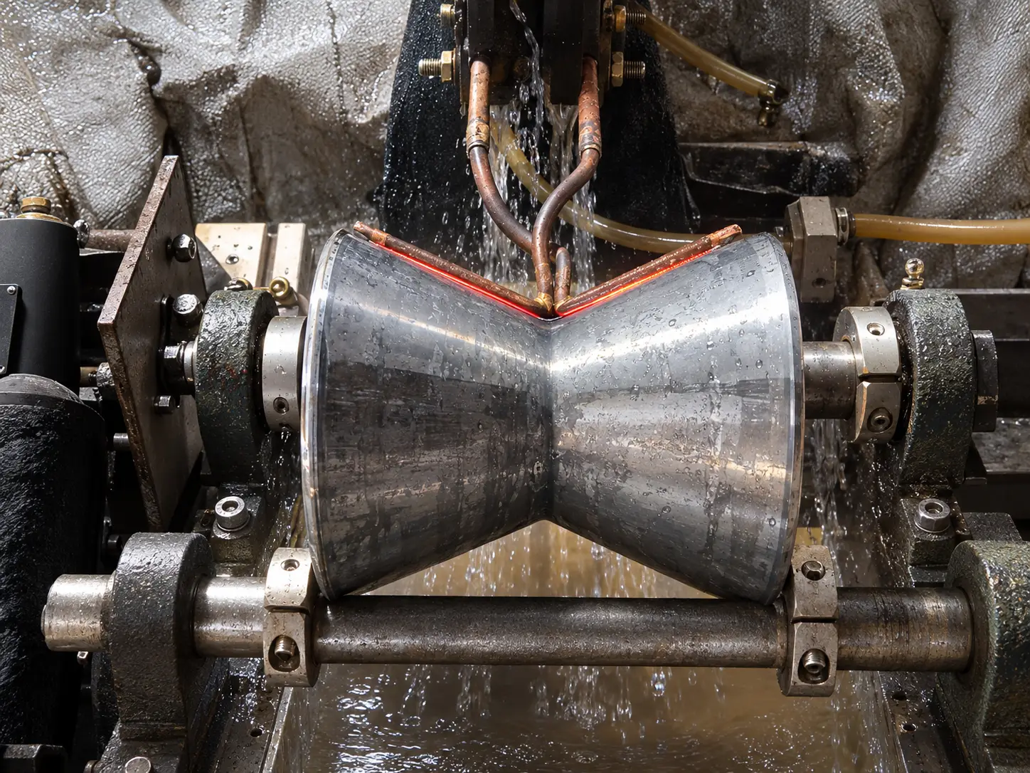 V-groove roller induction hardening process showing localized heating along the groove with a custom-profiled induction coil.